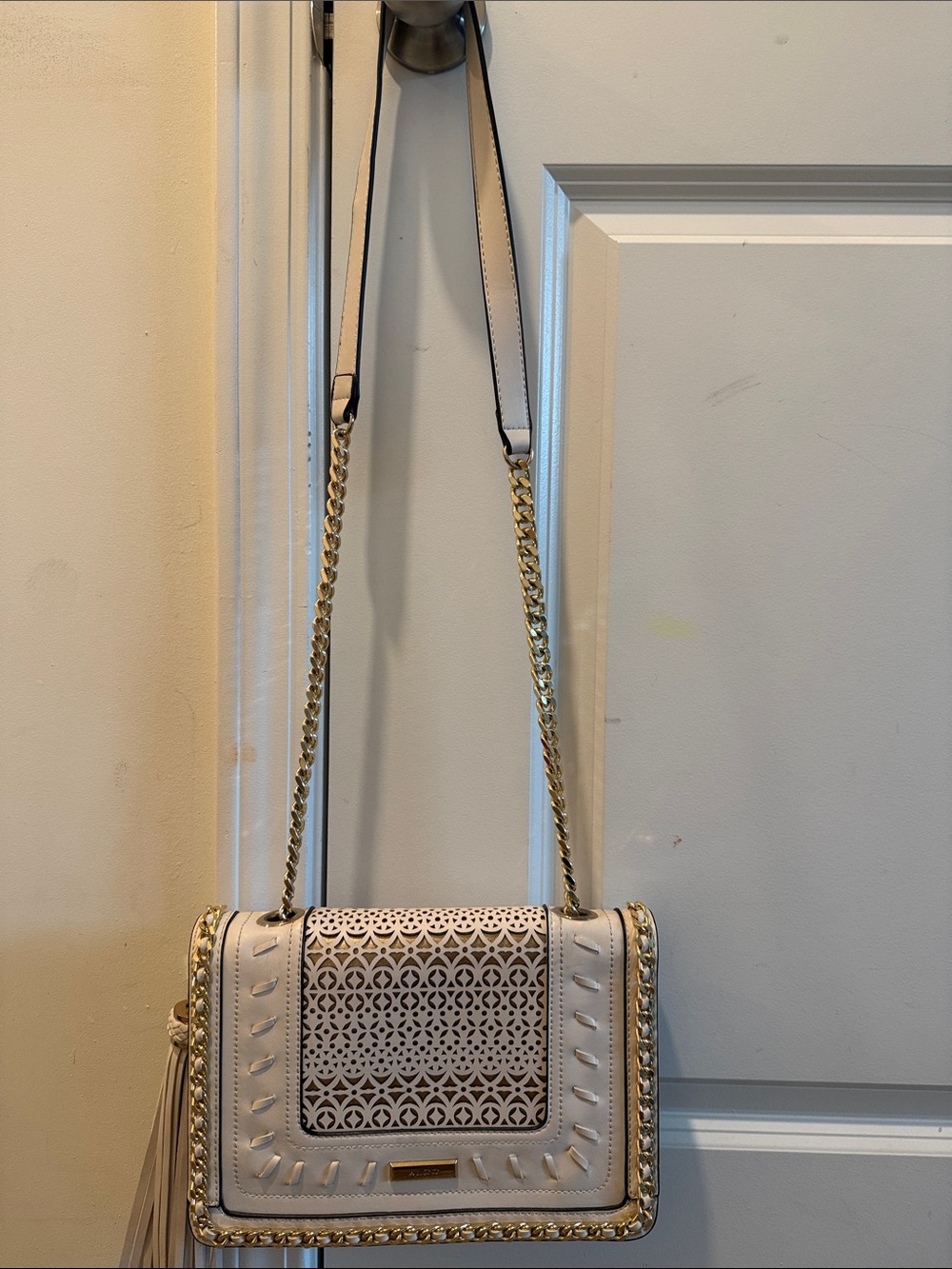 Aldo Cream Laser-Cut Crossbody Bag with Gold Chain
